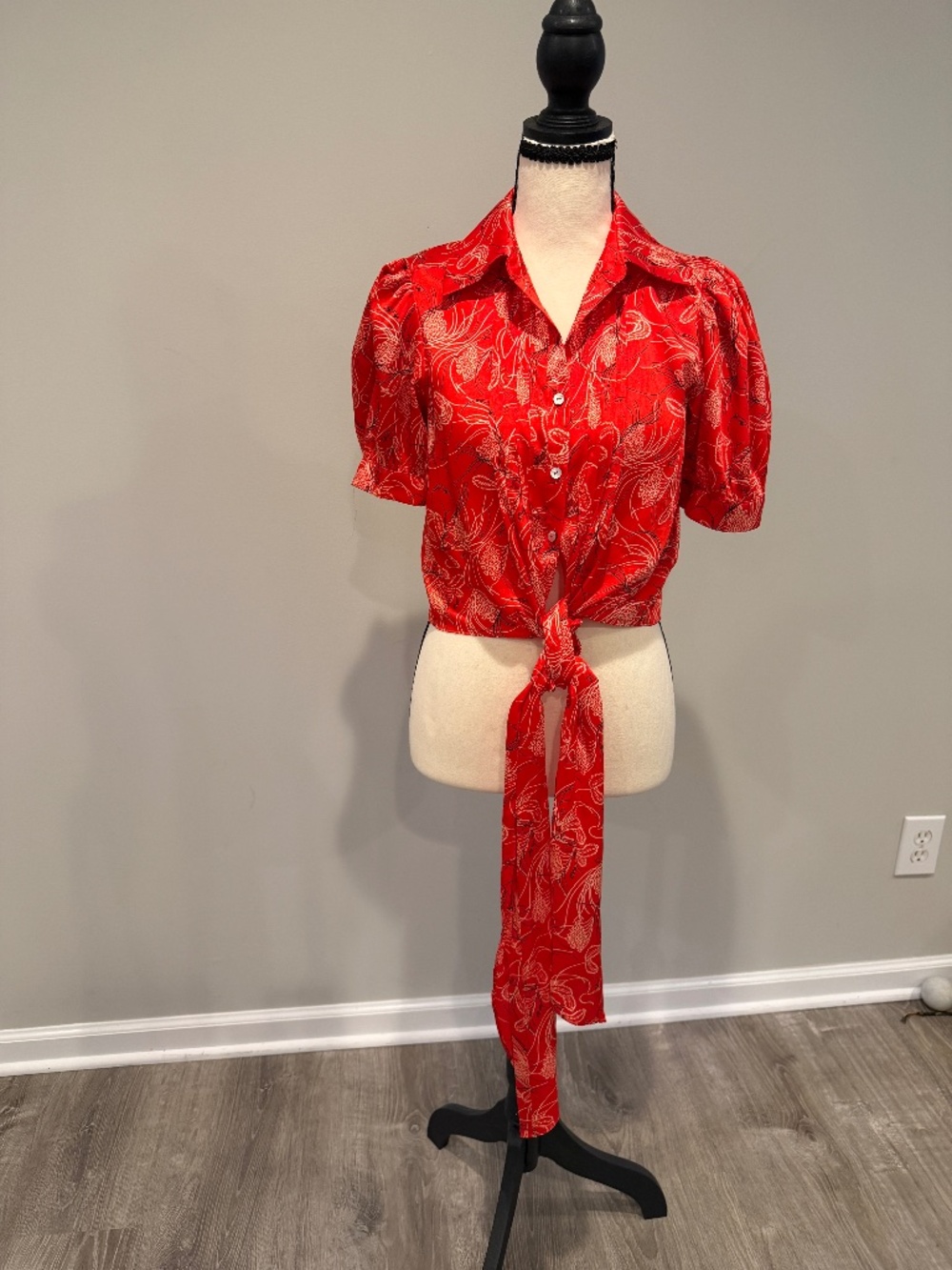 NWT Cinq Γ Sept Abena Floral PuffSleeve TieFront ButtonUP Blouse Red Multi SzXXS